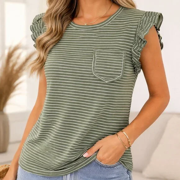 NWT Olive Green Striped Ruffle Sleeve Tee Womens Casual Pocket Top Size M - Picture 1 of 13